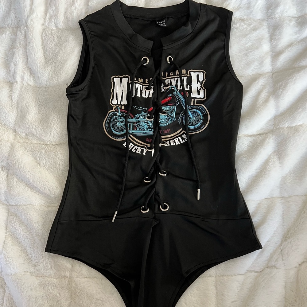 Lace Up Motorcycle Graphic Bodysuit